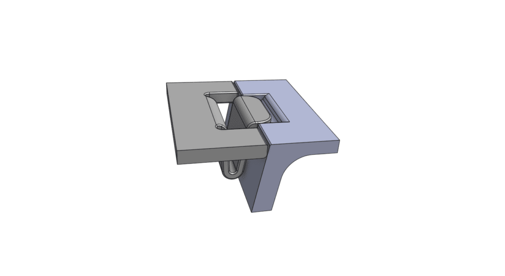 A 3D rendering of a mechanical component featuring interlocking parts with a roller mechanism in the center, meticulously designed to meet injection molding tolerances. The object is colored in shades of gray and blue.